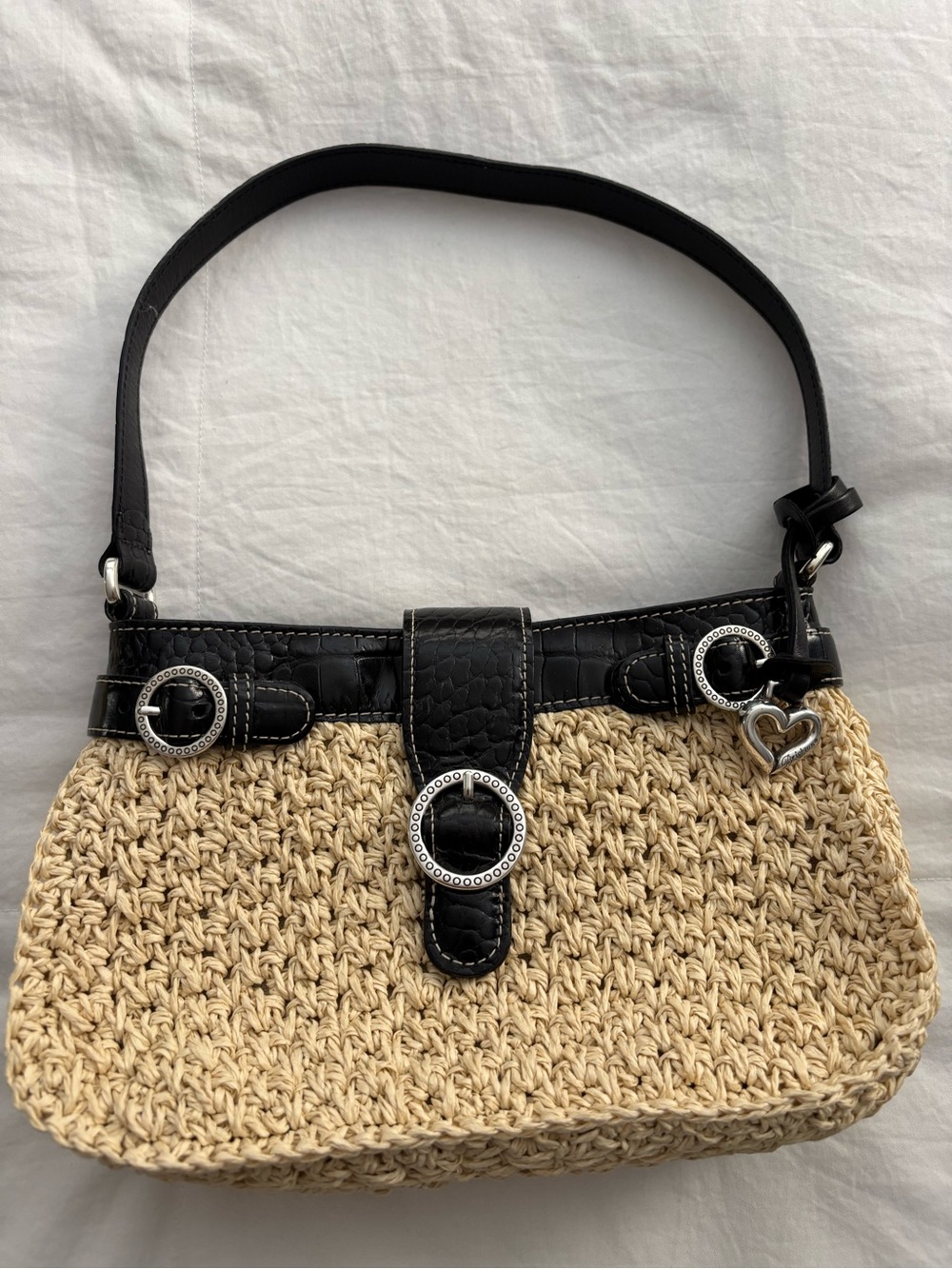 Brighton Woven Straw Shoulder Bag with Black Trim